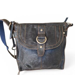 Fossil Vintage "Milo" Distressed Leather Messenger Crossbody Bag Blue
